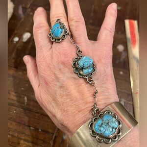 VINTAGE 70s, turquoise and silver Mexico slave bracelet cuff/ stone chunks/ring